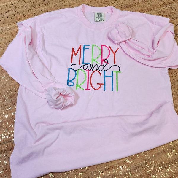Merry and Bright Neon Colored Long Sleeve Comfort Color Tee